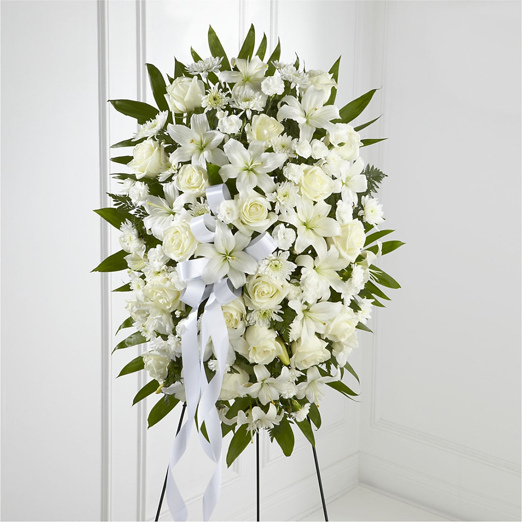 Exquisite Tribute Standing Spray-White Ribbon – CARLOS BLOOMS & EVENTS, Garnerville NY