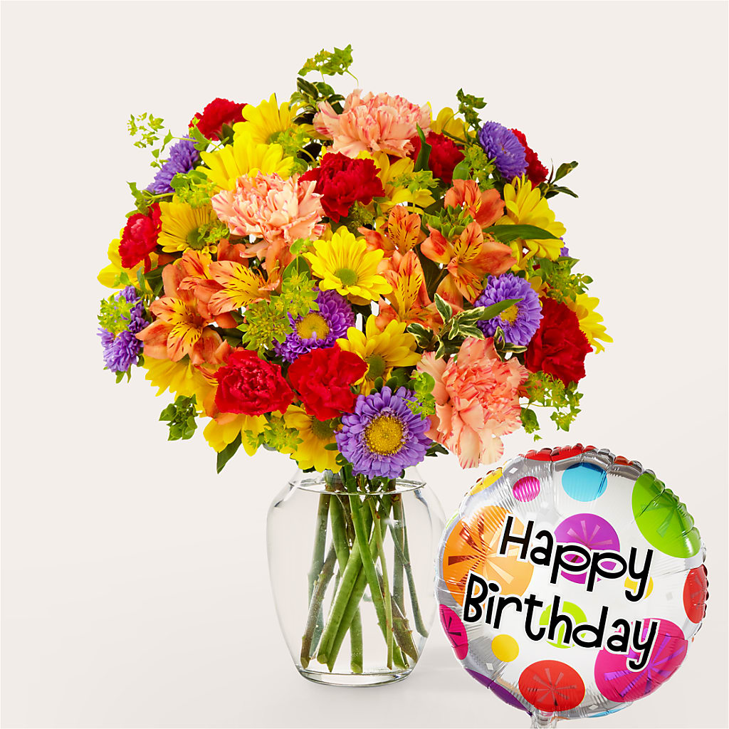 Kaleidoscope Bouquet with Birthday Balloon – CARLOS BLOOMS & EVENTS, Garnerville NY