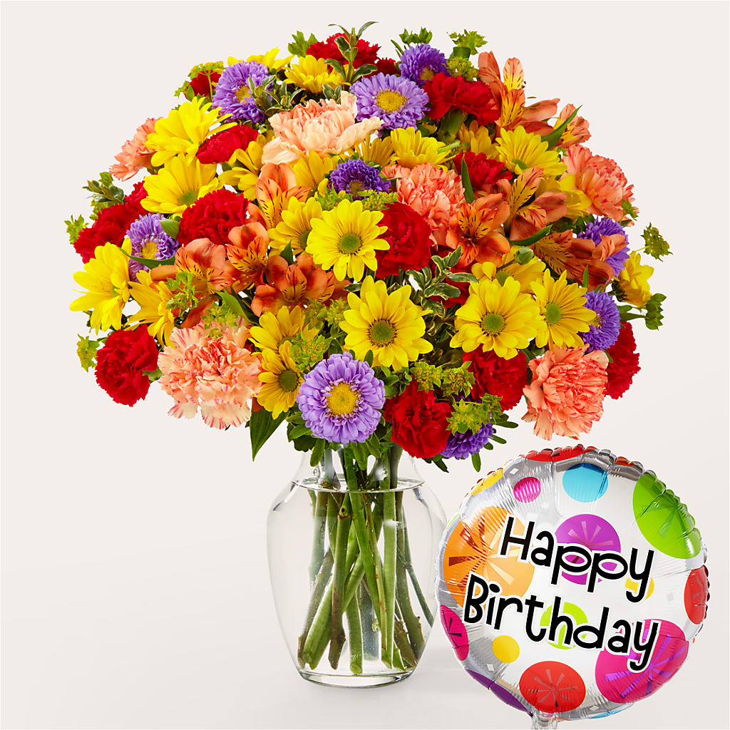 Kaleidoscope Bouquet with Birthday Balloon – CARLOS BLOOMS & EVENTS, Garnerville NY