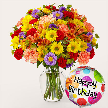 Kaleidoscope Bouquet with Birthday Balloon – CARLOS BLOOMS & EVENTS, Garnerville NY
