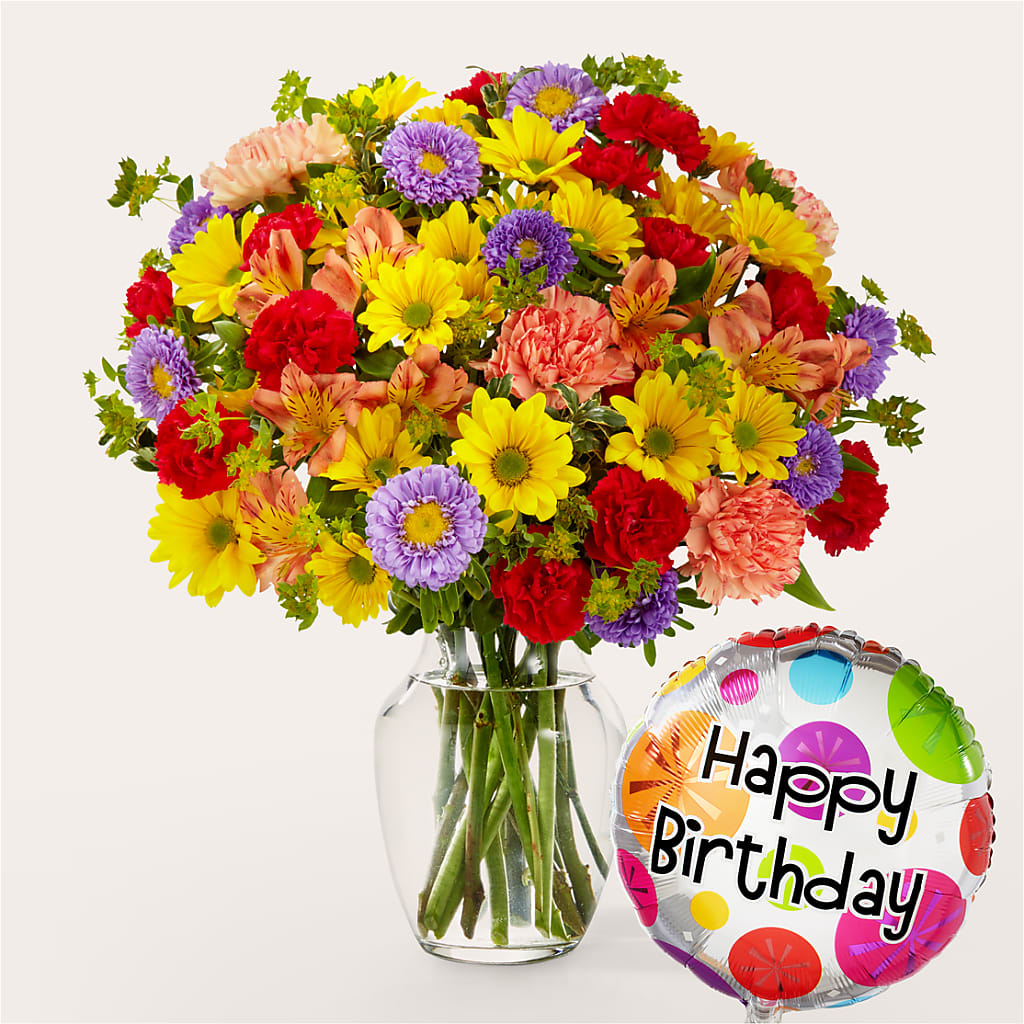 Kaleidoscope Bouquet with Birthday Balloon – CARLOS BLOOMS & EVENTS, Garnerville NY