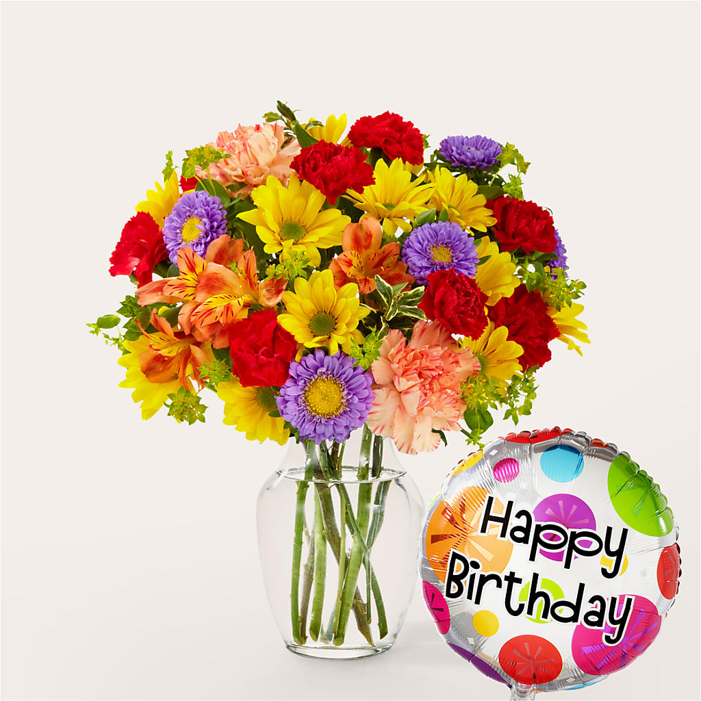 Kaleidoscope Bouquet with Birthday Balloon – CARLOS BLOOMS & EVENTS, Garnerville NY