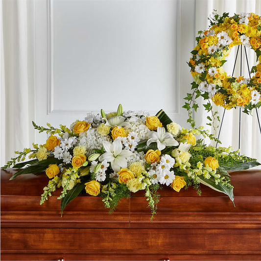 Golden Harmony Casket Spray – CARLOS BLOOMS & EVENTS, Garnerville NY