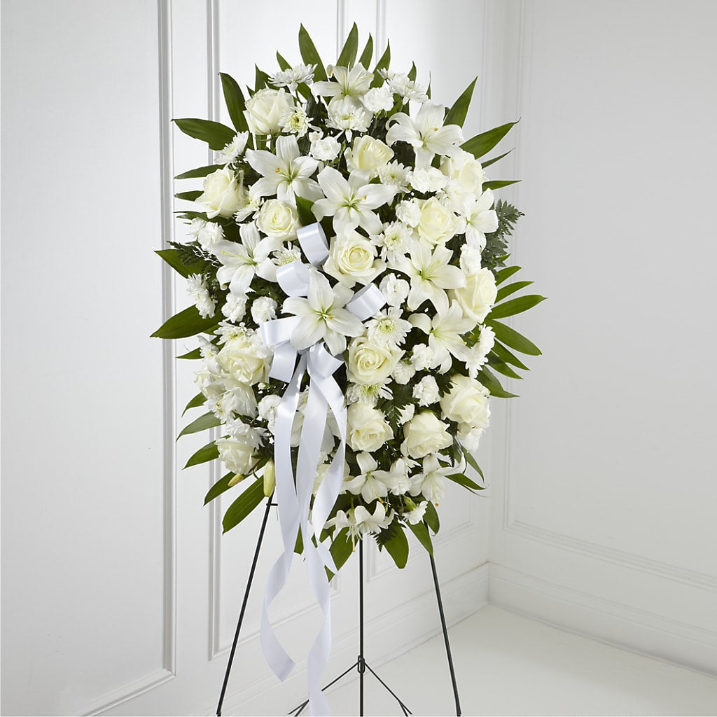 Exquisite Tribute Standing Spray-White Ribbon – CARLOS BLOOMS & EVENTS, Garnerville NY