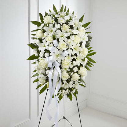 Exquisite Tribute Standing Spray-White Ribbon – CARLOS BLOOMS & EVENTS, Garnerville NY