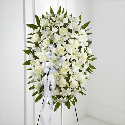 Exquisite Tribute Standing Spray-White Ribbon – CARLOS BLOOMS & EVENTS, Garnerville NY