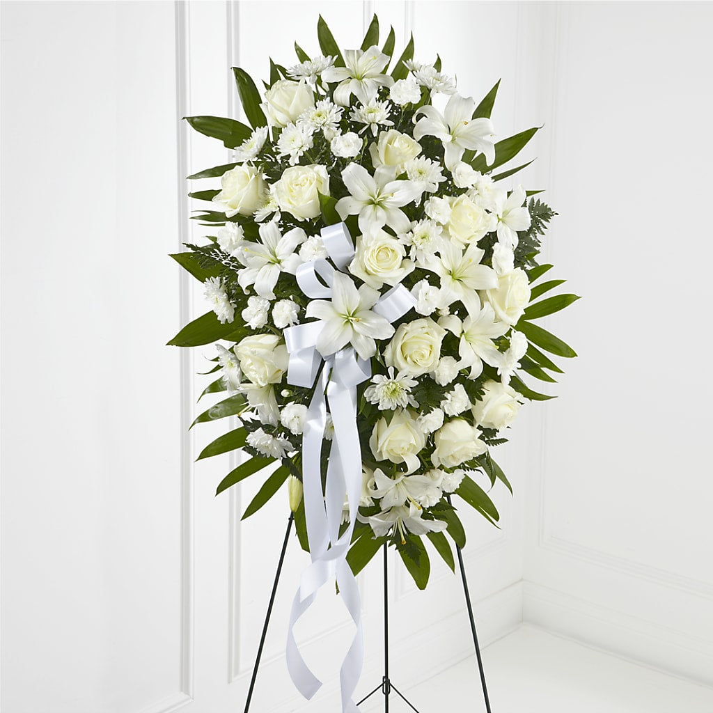 Exquisite Tribute Standing Spray-White Ribbon – CARLOS BLOOMS & EVENTS, Garnerville NY