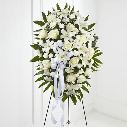 Exquisite Tribute Standing Spray-White Ribbon – CARLOS BLOOMS & EVENTS, Garnerville NY