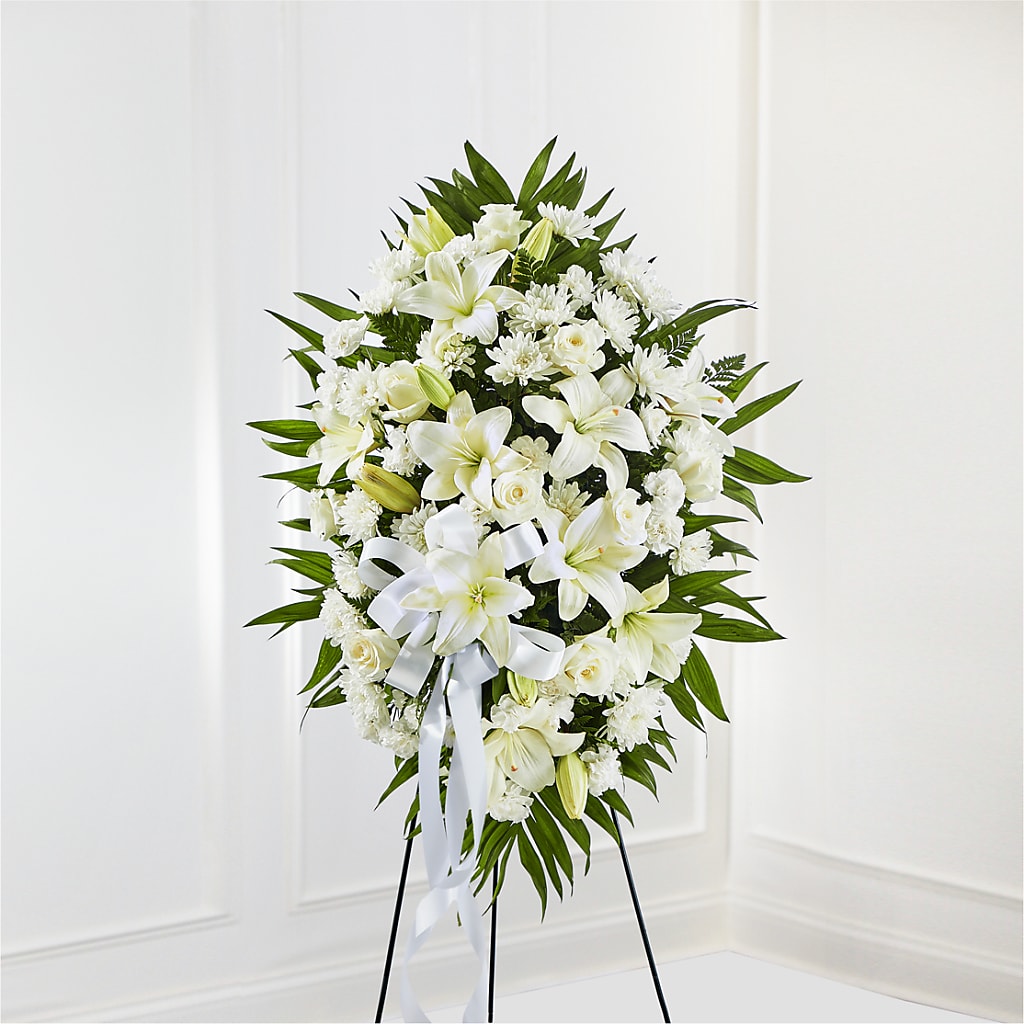 Exquisite Tribute Standing Spray-White Ribbon – CARLOS BLOOMS & EVENTS, Garnerville NY
