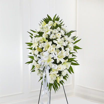 Exquisite Tribute Standing Spray-White Ribbon – CARLOS BLOOMS & EVENTS, Garnerville NY