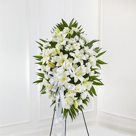 Exquisite Tribute Standing Spray-White Ribbon – CARLOS BLOOMS & EVENTS, Garnerville NY